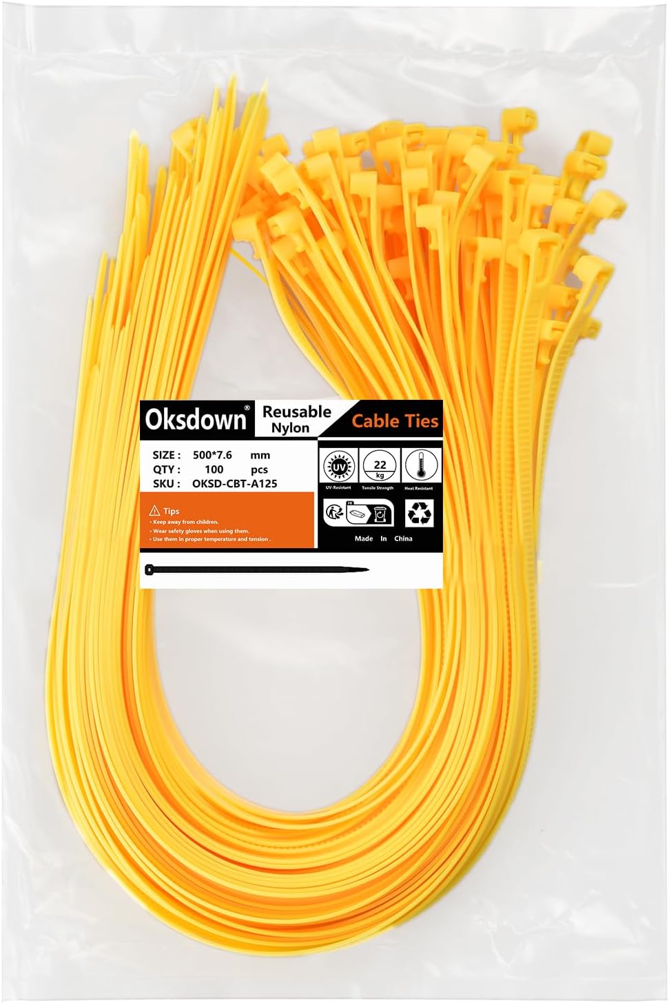 Kabelbinder wiederverschliessbar Gelb 500 mm × 7,6 mm 100 Stück UV-Beständig Stark Gross Nylon Kunst