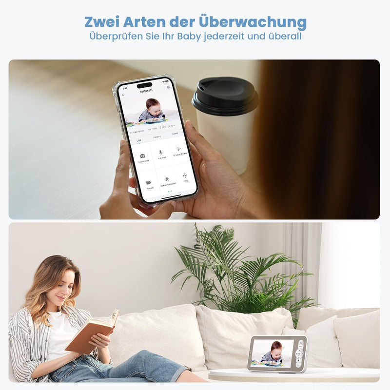 ieGeek Babyphone mit 2 Kamera [2K/3MP, 5 Zoll] WLAN Video Babyfon PTZ 355°, IR-Nachtsicht, Automatis