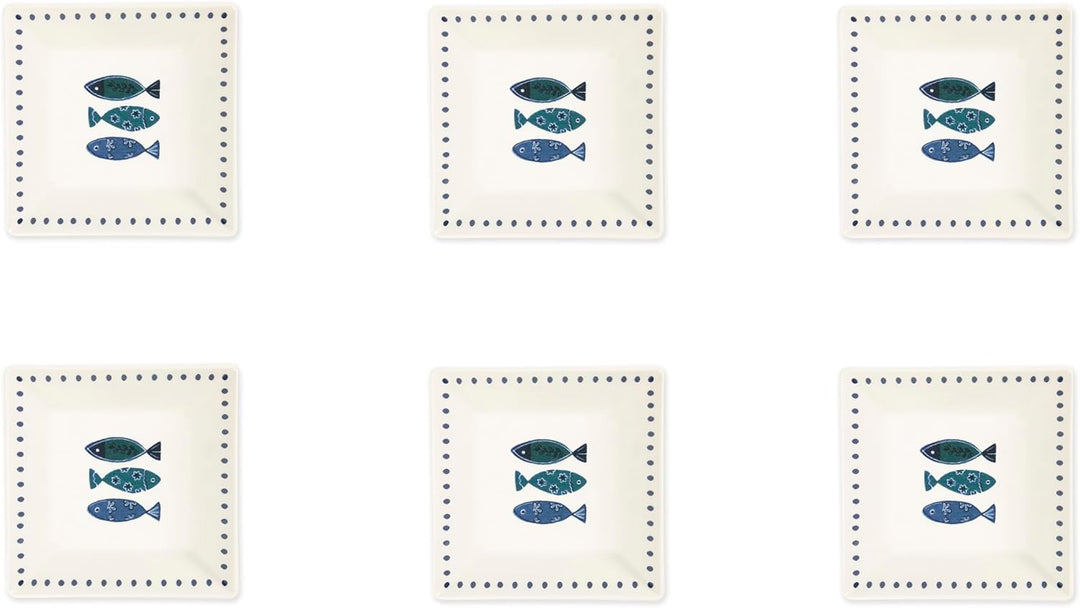 Excelsa Ocean 6er Set Suppenteller Keramik 17x17cm Blaue Fische Dekor