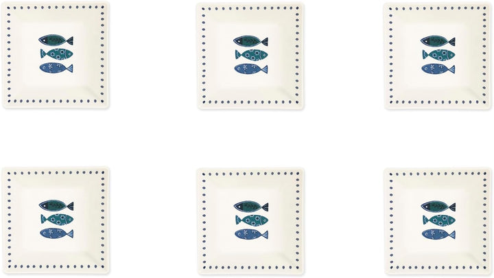 Excelsa Ocean 6er Set Suppenteller Keramik 17x17cm Blaue Fische Dekor