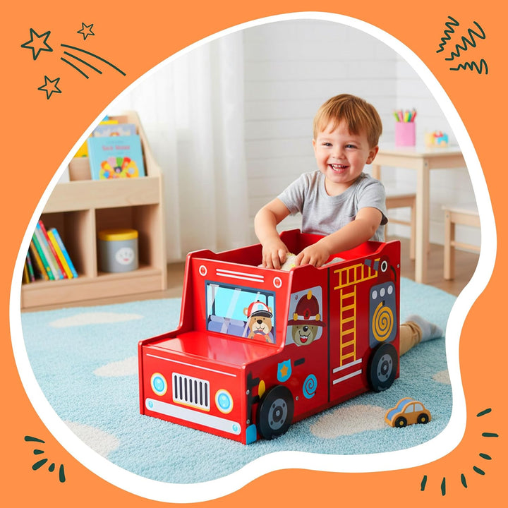 Relaxdays Spielzeugkiste Feuerwehr, Kinderzimmer, HBT: 34 x 60 x 32 cm, Spielzeugbox mit Stauraum &