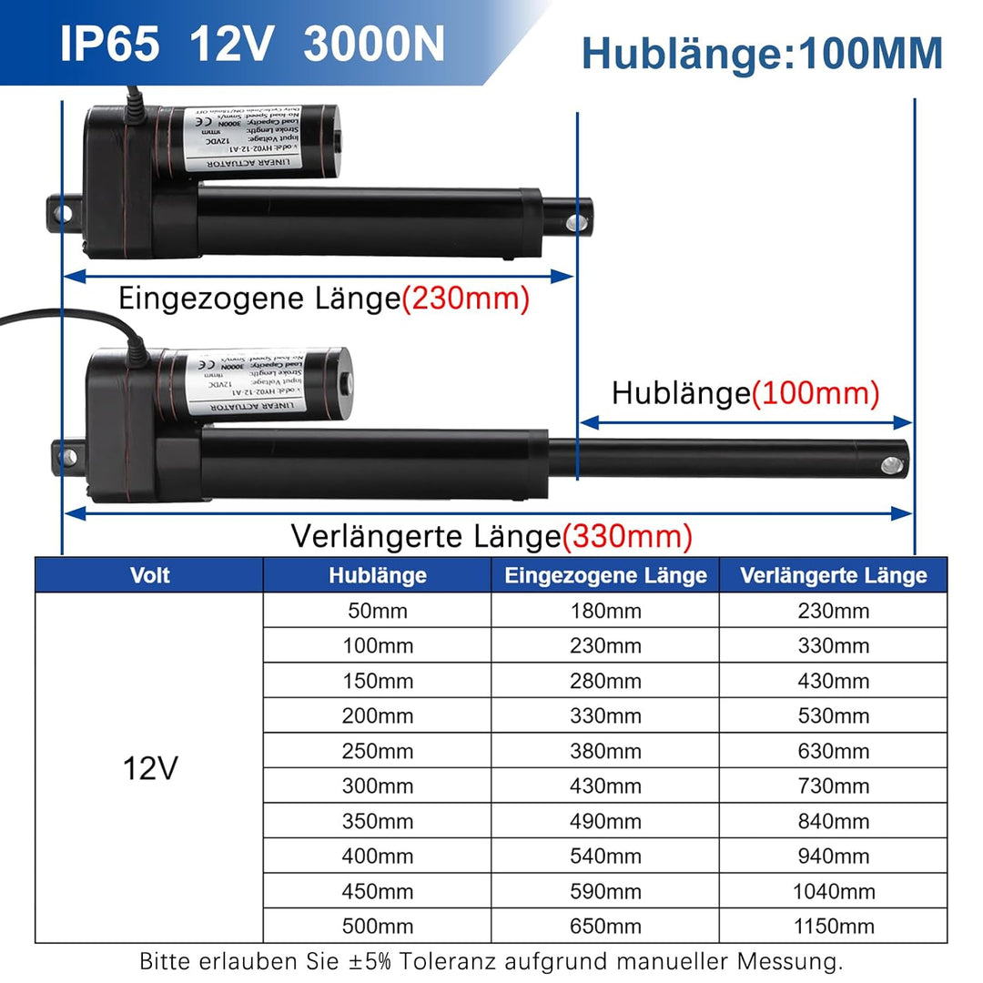 Jvnvlki 3000N 100mm Hub Linearantrieb 12V Linear Actuator Linearmotor 5mm/s Mit Montagebügeln für Sc