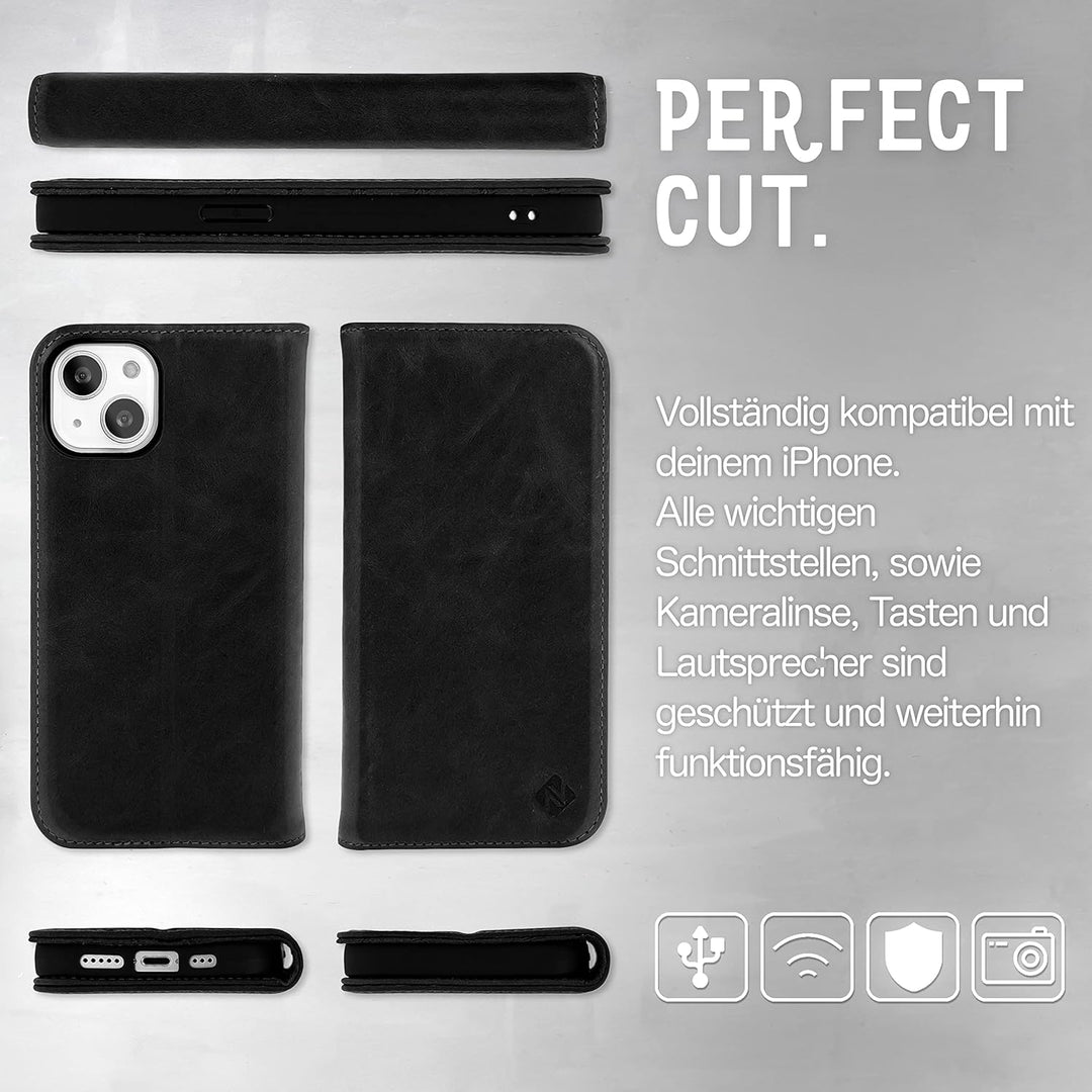 NALIA Echt-Leder Flipcase kompatibel mit iPhone 14 Plus Hülle, Handgefertigt Rindsleder Schutzhülle