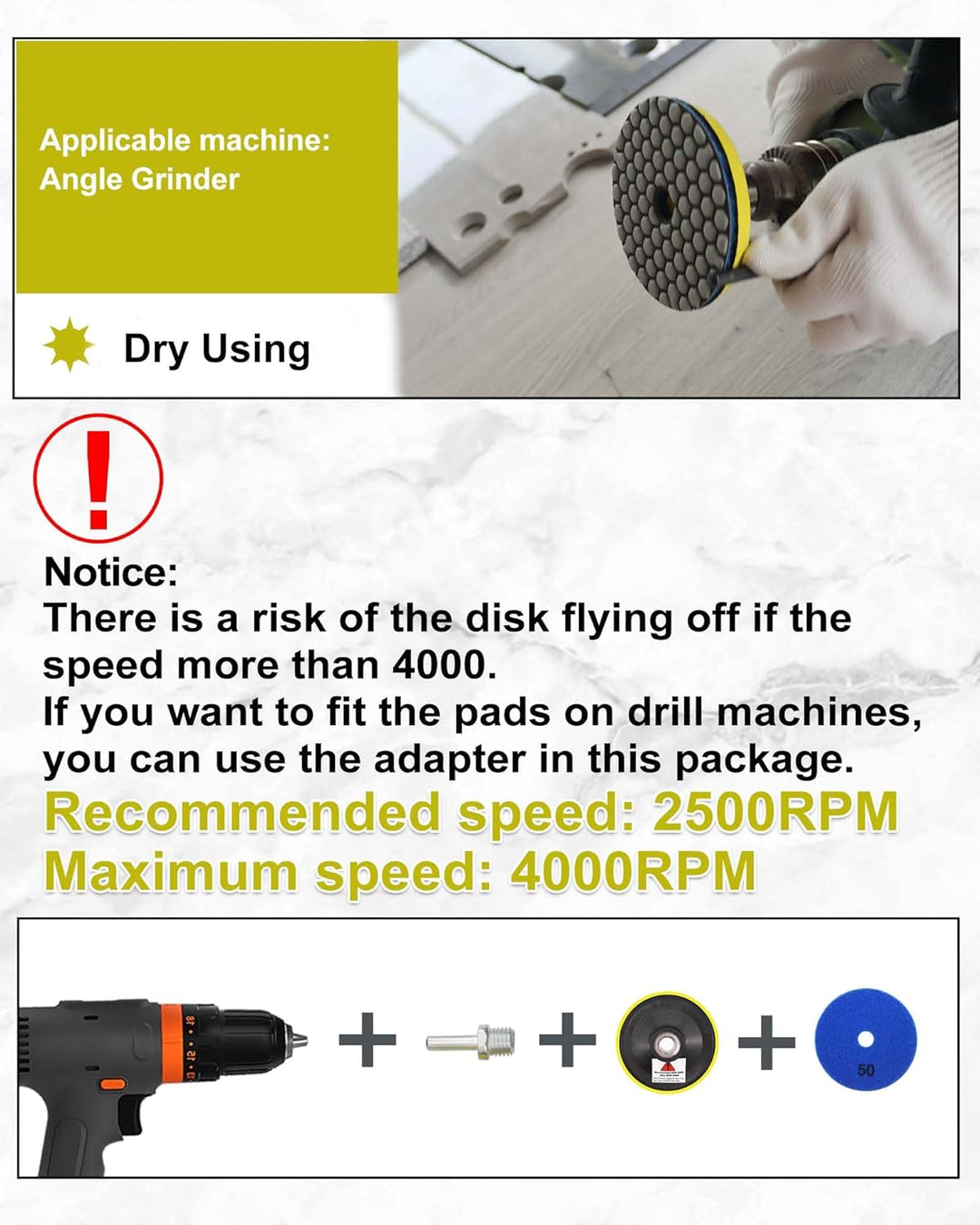 Trocken Diamant Polierpad 100mm 8 Stücke Körnung 50x3/100x2/200/400/800 Polierscheiben mit M14 Stütz