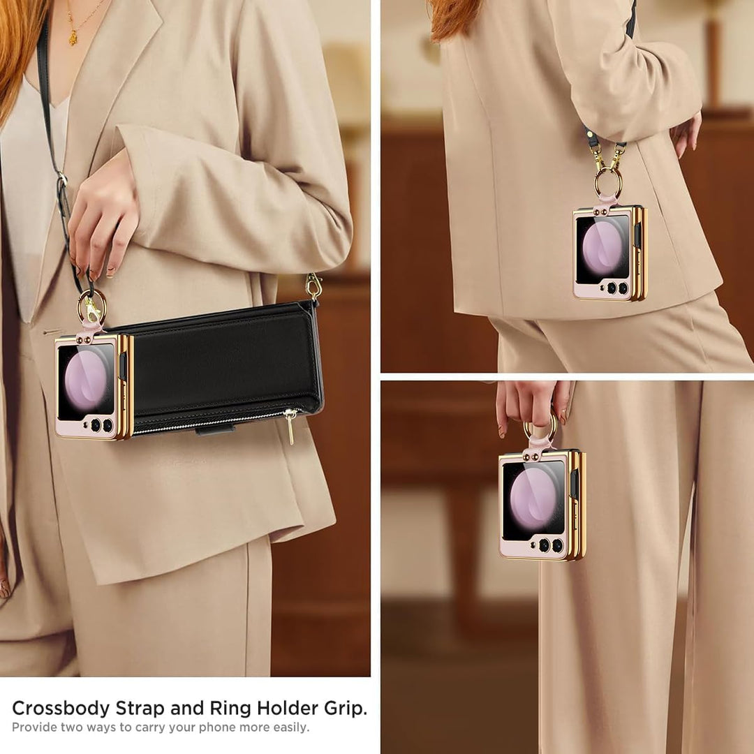 Miimall Lederhülle Kompatibel mit Samsung Galaxy Z Flip 6/Flip7 FE Hülle mit Band+Ring Ständer [HD D