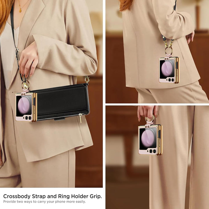 Miimall Lederhülle Kompatibel mit Samsung Galaxy Z Flip 6/Flip7 FE Hülle mit Band+Ring Ständer [HD D