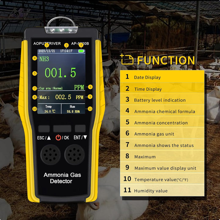 Ammoniak Gas Detektor 9000B, 0~100PPM Akustischer Optischer Alarm NH3 Luftqualitätsmessgerät für Ind