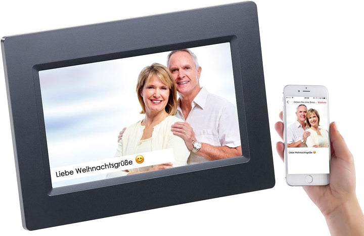 Somikon Digitaler Fotorahmen: WLAN-Bilderrahmen mit 17,8-cm-IPS-Touchscreen & weltweitem Bild-Upload
