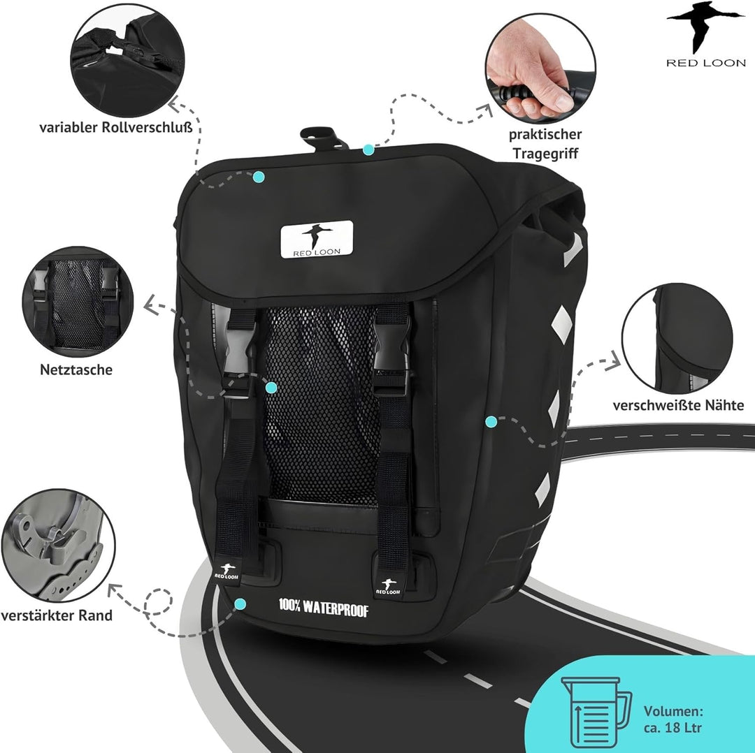 Red Loon R1 x robuste Fahrradtasche aus LKW-Plane – wasserdichte Packtasche für Gepäckträger in Schw