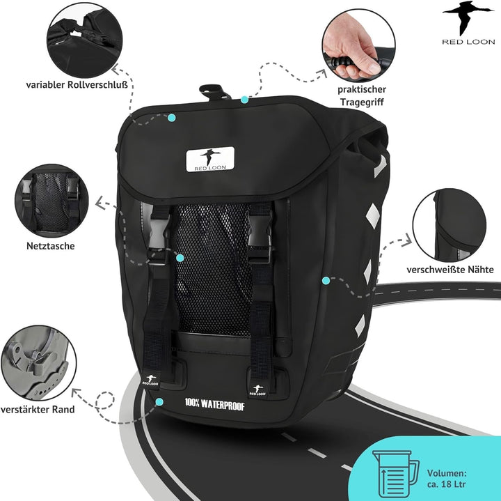 Red Loon R1 x robuste Fahrradtasche aus LKW-Plane – wasserdichte Packtasche für Gepäckträger in Schw