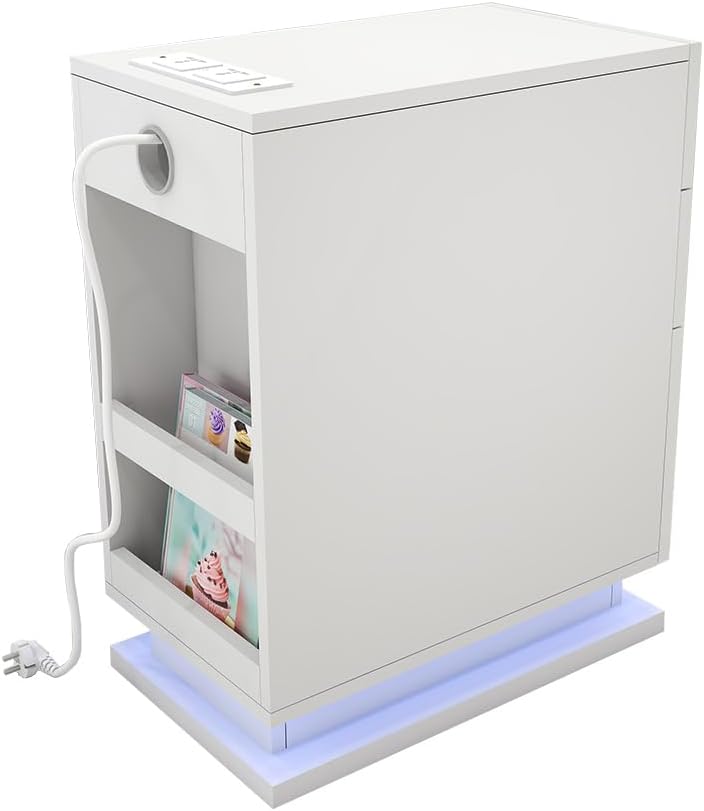 PIPIPOXER Nachttisch Weiss mit Steckdose & USB, Nachttisch LED mit 2 Schubladen, Beistelltisch, eins