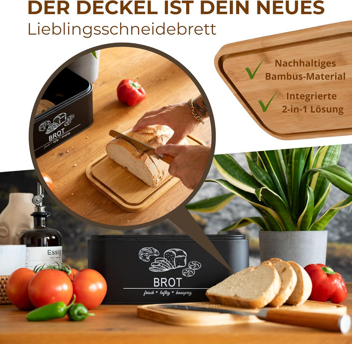 MNKsolution Brotkasten mit Deckel als Schneidebrett - Brotbox mit Lüftungslöchern für Brotaufbewahru