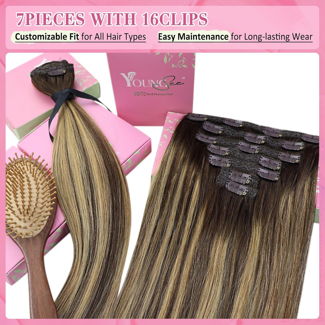 YoungSee Clip in Extensions Echthaar Ombre 30cm Echthaar Extensions Clip Dunkelbraun Balayage Karame