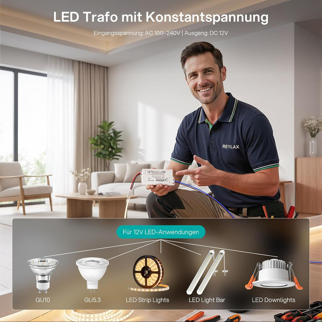REYLAX LED Transformator 12V 60W, Treiber Elektronischer Trafo, 5A Trafo 230V Auf 12V DC Schalt Nied