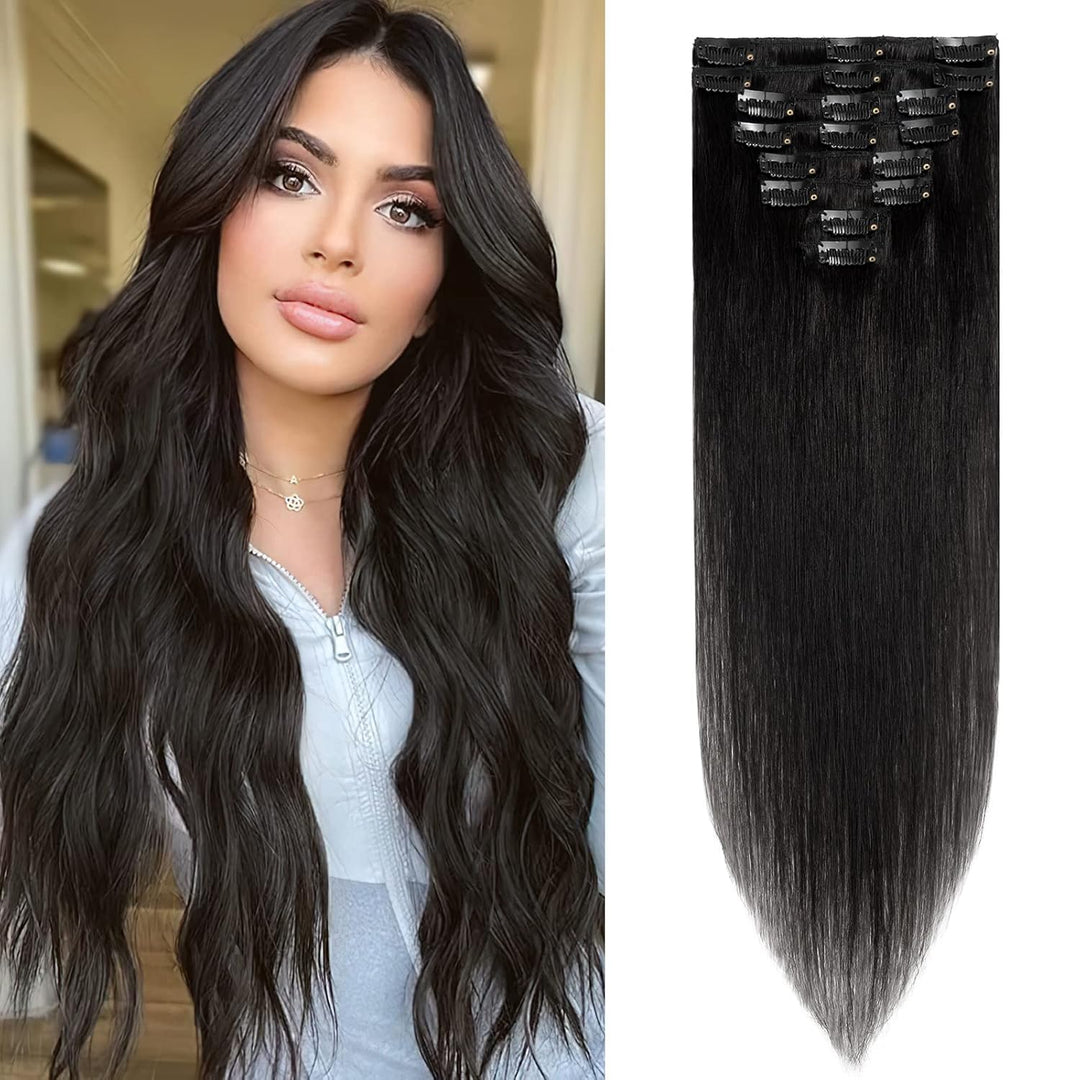 Benehair Clip in Extensions Echthaar, 8 Stück 100% Echtes Haar Extension 55g, Dunkles Schwarz Haarve