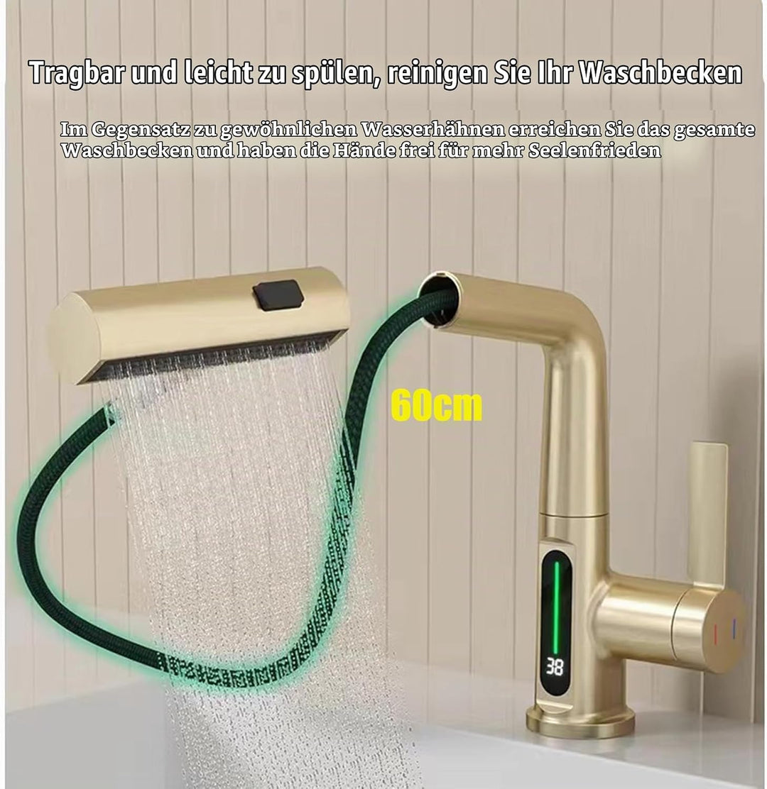 Wasserhahn Bad/Küche mit Ausziehbar Brause, LED Temperaturanzeige Waschtischarmatur Badezimmer mit 3