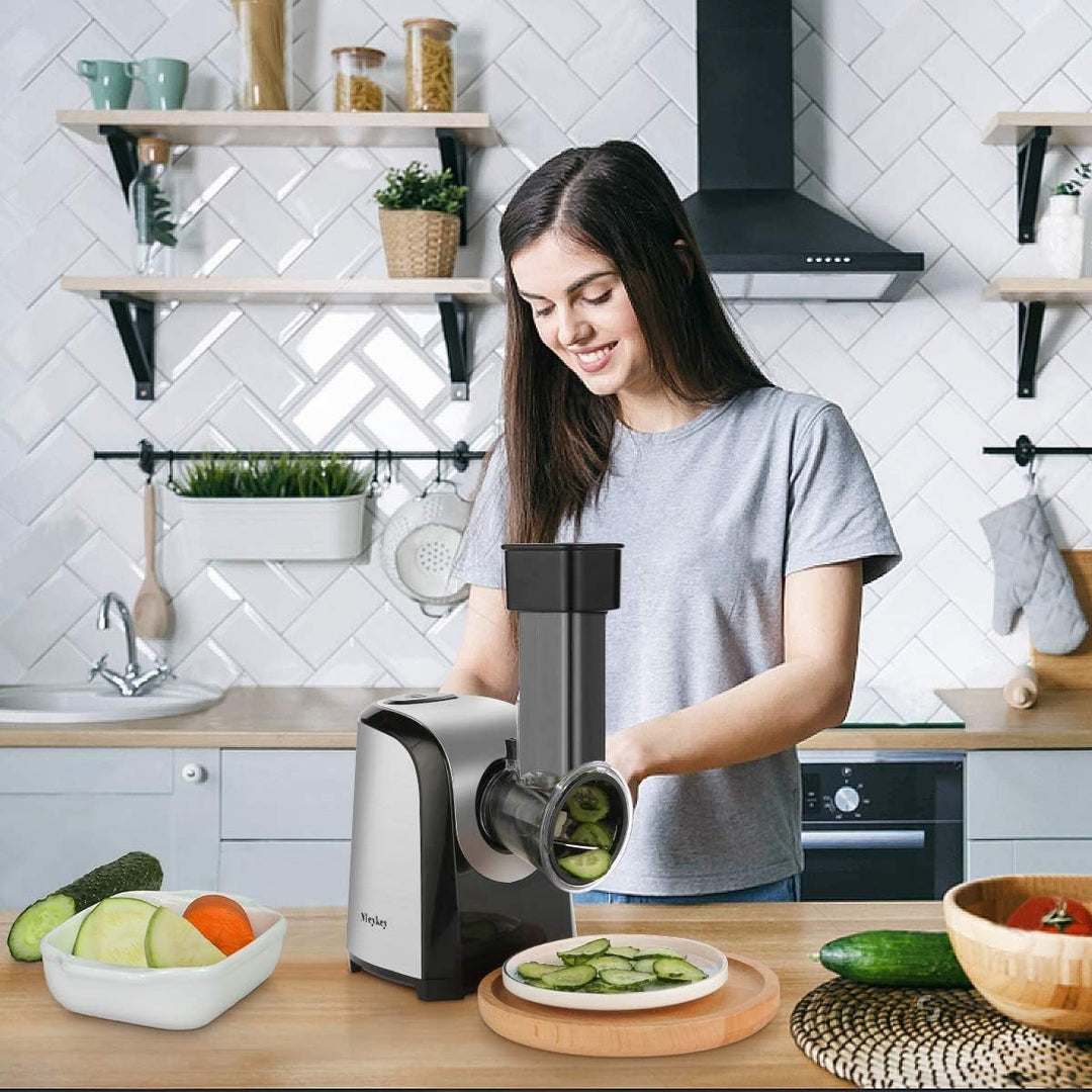 COOCHEER Elektrischer Gemüsehobel, Elektrische Reibe mit 5 Raspel, Küche Gemüsehobel Edelstahl Salat