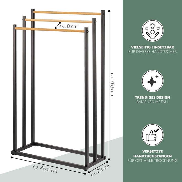 eluno Stand-Handtuchhalter freistehend, 3 Stangen, Handtuchständer, Bambus (schwarz), Schwarz