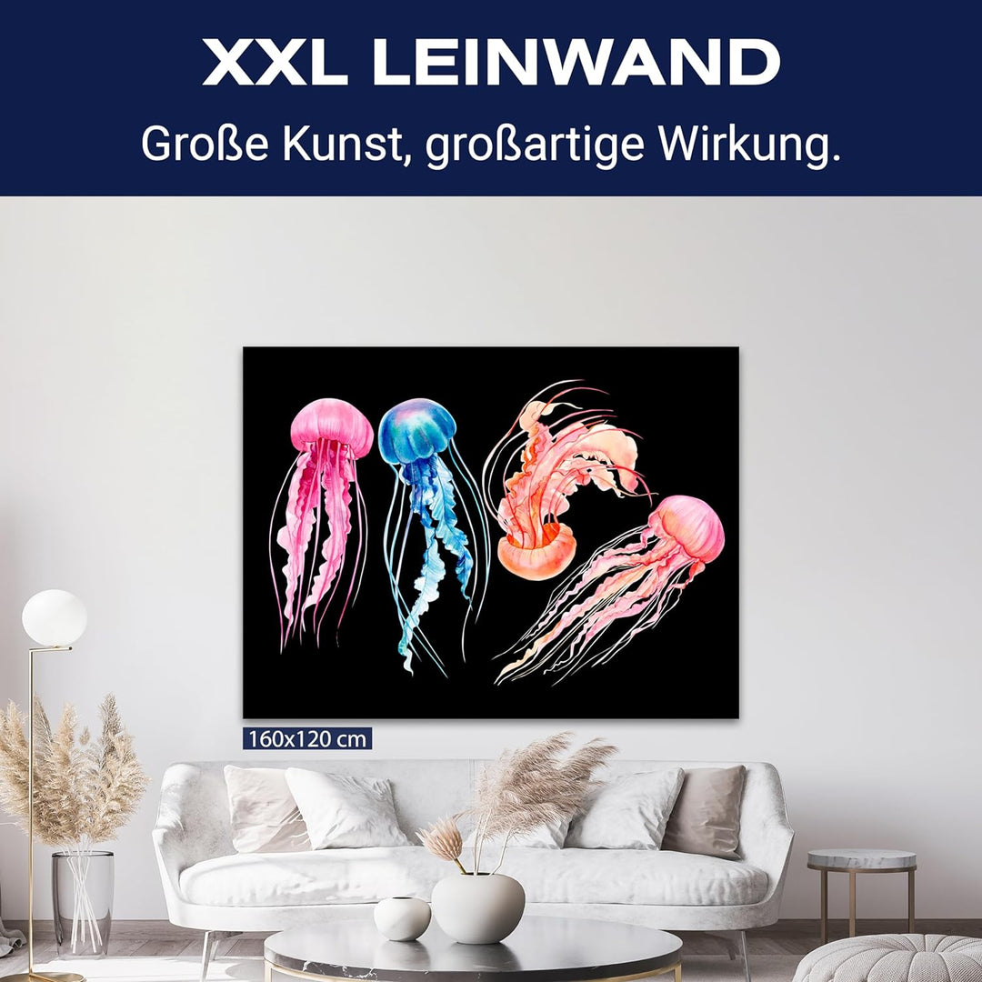 wandmotiv24 Maritime Deko als Leinwandbild, 100x75cm, Querformat, Bunte Quallen, Aquarell Gemälde, T