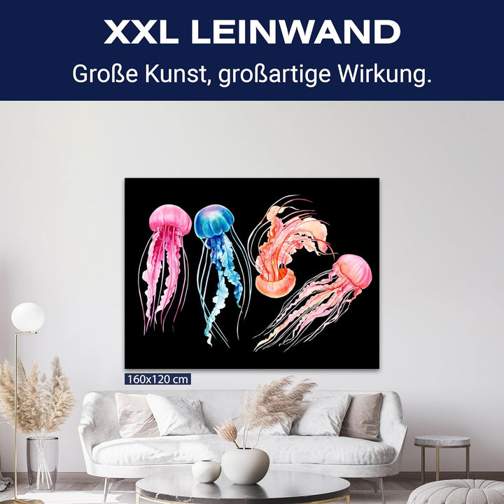 wandmotiv24 Maritime Deko als Leinwandbild, 100x75cm, Querformat, Bunte Quallen, Aquarell Gemälde, T