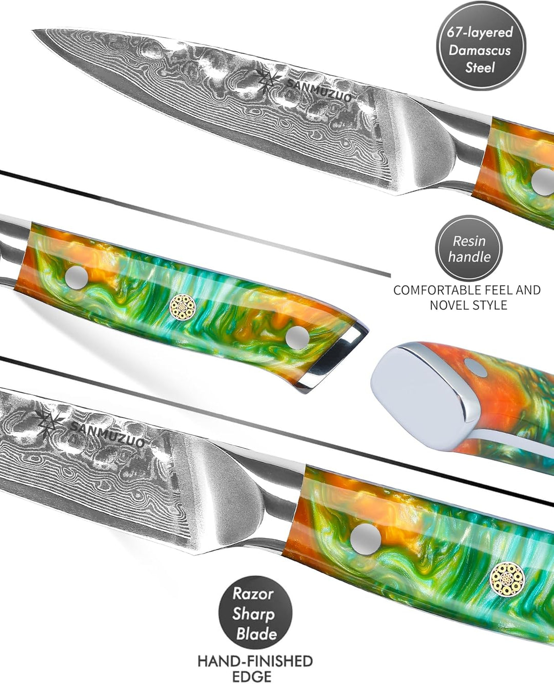 9 cm Paring Messer für Obst und Gemüse Schälmesser, Gehämmertem Damaskus Stahl und Harz Griff - Yao