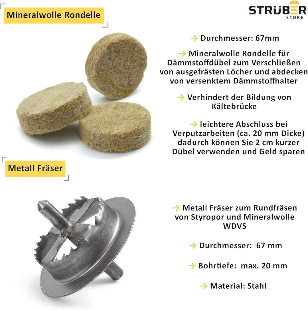 STRÜBER WDVS SET (Ø10x120mm Dämmstoffdübel mit Metalldorn 200St + Mineralwolle Rondelle 200St + Meta