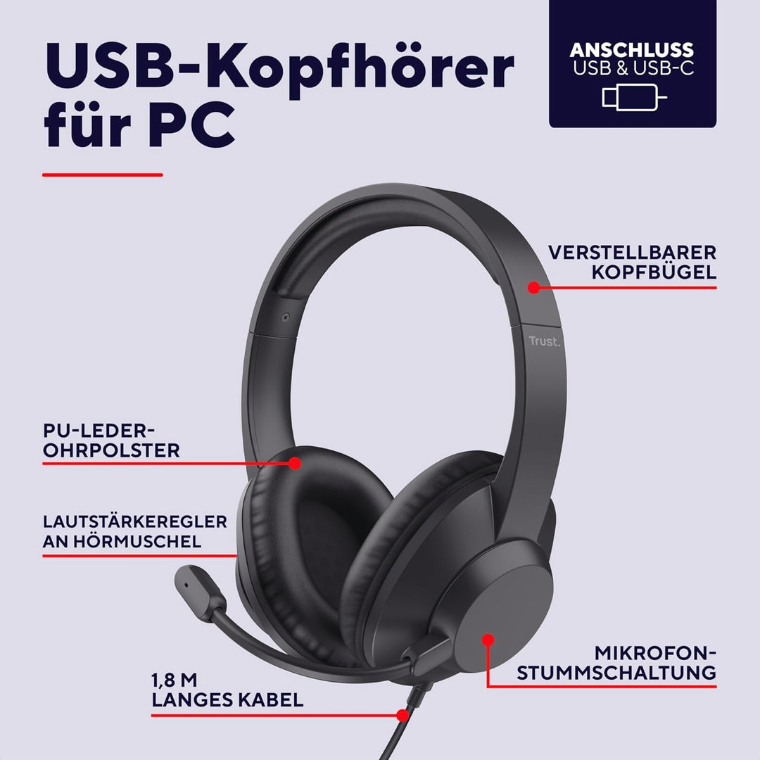 Trust Roha II Max USB Headset mit Mikrofon Over-Ear, USB-C, Schwarz | Kopfhörer mit Kabel 180 cm, 85