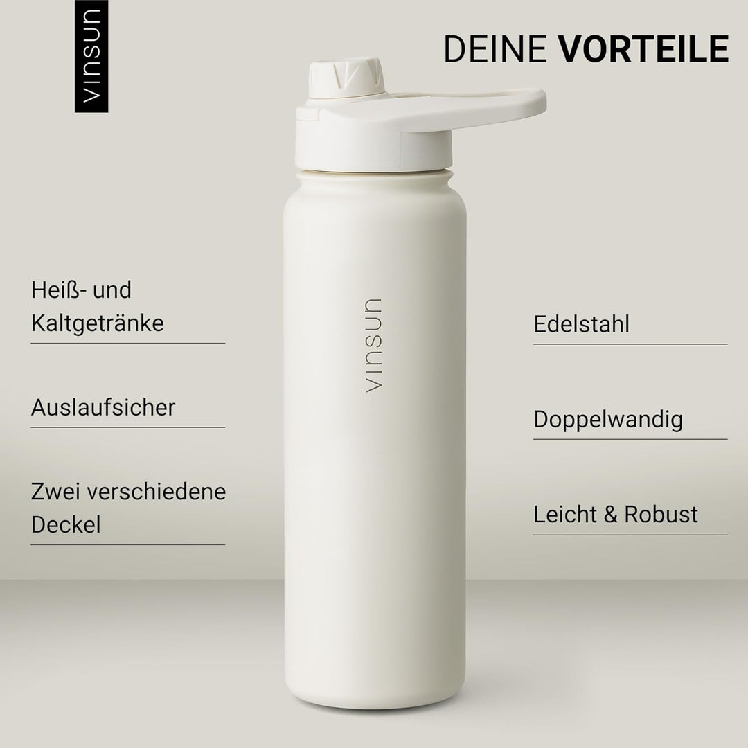 Vinsun Trinkflasche Edelstahl creme 750ml - auslaufsicher, Kohlensäure geeignet, BPA frei - Strohhal