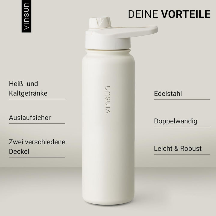 Vinsun Trinkflasche Edelstahl creme 750ml - auslaufsicher, Kohlensäure geeignet, BPA frei - Strohhal
