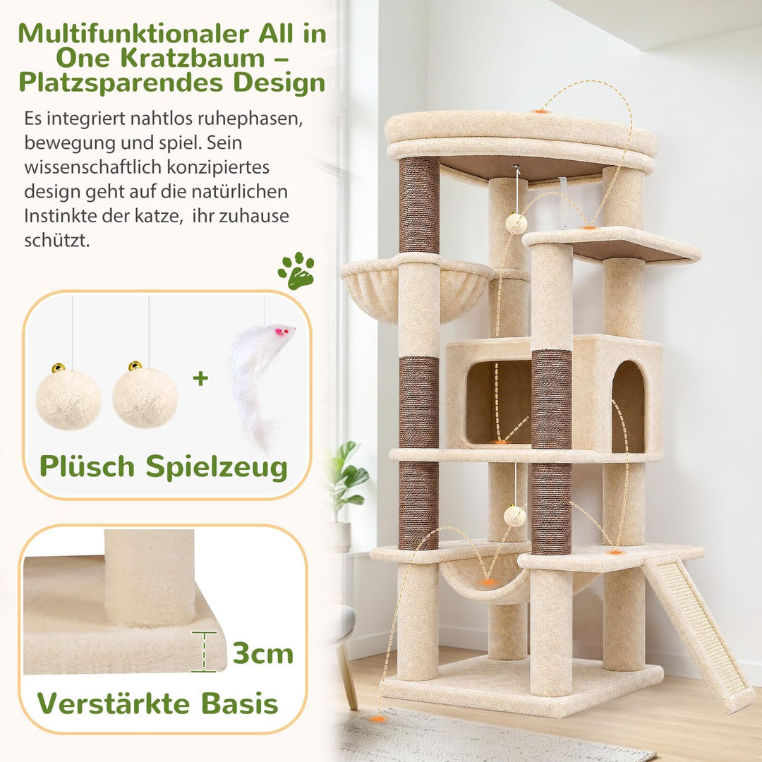 Globlazer Kratzbaum Stabil Beige mit Grosse Loungebereich für 2/3 Katzen S56 | Katzenbaum 143cm Plat