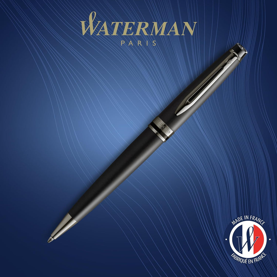 Waterman Expert Kugelschreiber | Schwarze Metallic-Lackierung mit Ruthenium-Zierteilen | Mittlere Sp