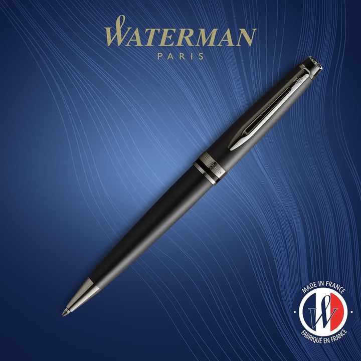 Waterman Expert Kugelschreiber | Schwarze Metallic-Lackierung mit Ruthenium-Zierteilen | Mittlere Sp