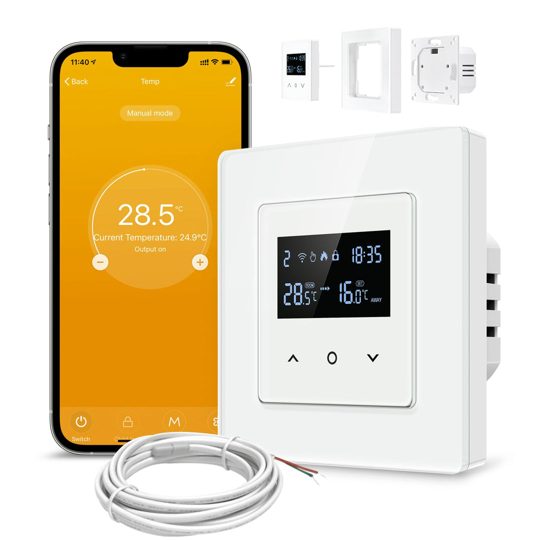 Samrt WiFi Themrmostat für Elektrische Fussbodenheizung, 55 x 55mm Standard, Glasfläche, Programmier
