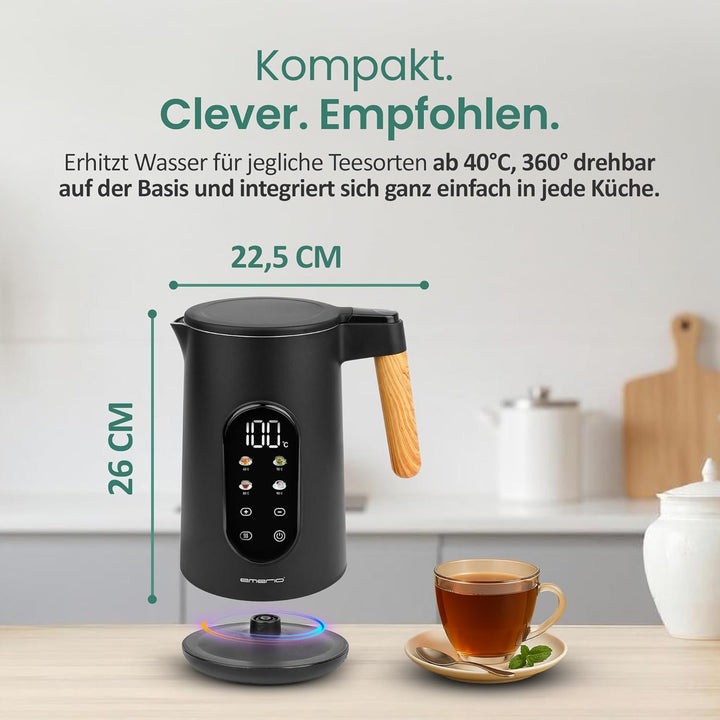 EMERIO Wasserkocher Edelstahl 1.7L | isolierte Doppelwand | Temperaturwahl 40-100°C in 5°C Schritten