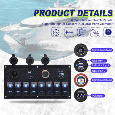 Geloo Marine Boat 8 Gang Schalter Panel Wasserdicht Toggle Rocker Zündschalter mit Voltmeter Display