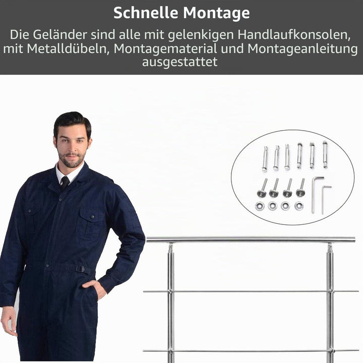 SWANEW Edelstahl-Handlauf Geländer für Treppen Brüstung Balkon Ø 42mm,mit 3 Querstreben (100cm, 3 Qu
