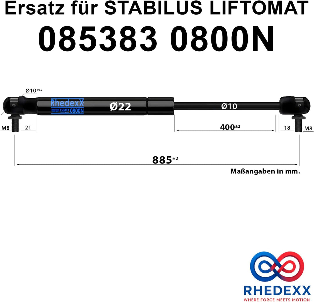 Gasdruckfeder Ersatz für Stabilus Lift-O-Mat 085383 0800N RhedexX® Gasdruckdämpfer mit M8 Winkelgele