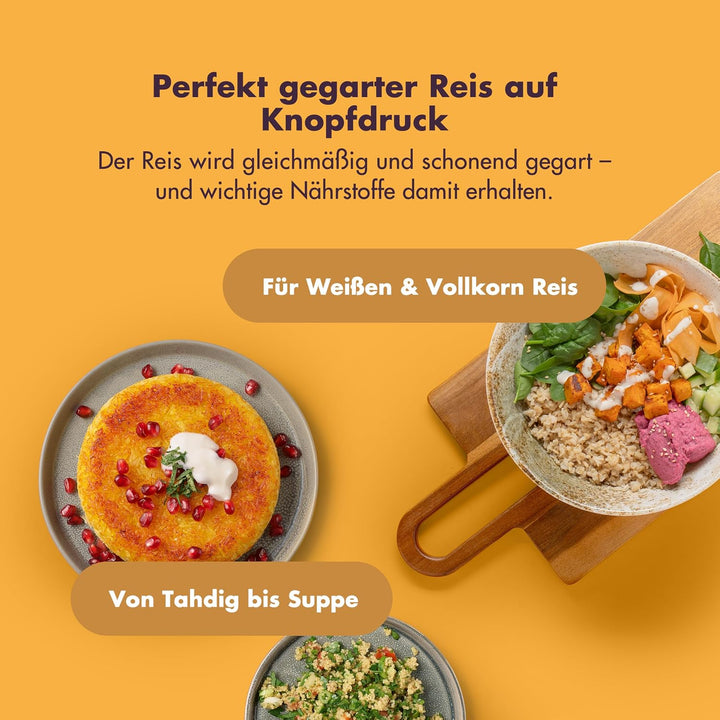 Reishunger Digitaler Reiskocher & Dampfgarer Grau + Gratis Kochbuch – Warmhaltefunktion, Timer & Pre