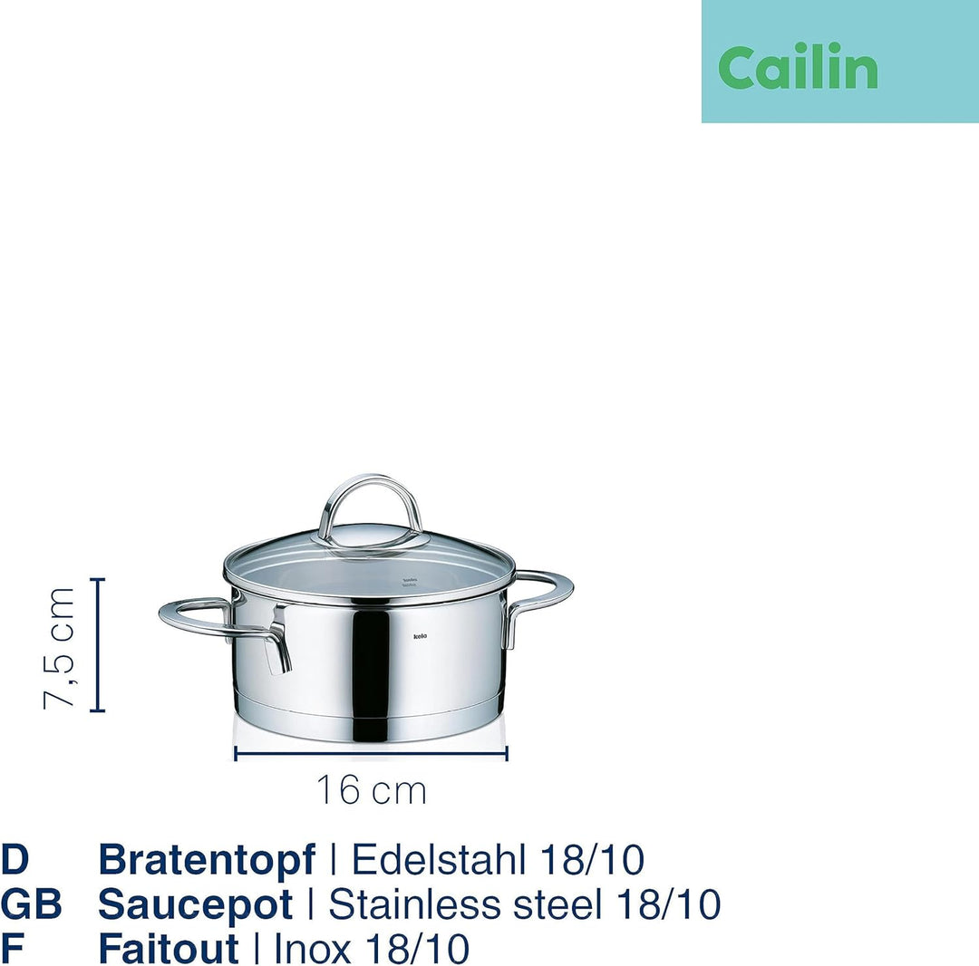 Kela 10955 Bratentopf, 1,5 l Fassungsvermögen, 16 cm Durchmesser, 18/10 Edelstahl mit Glanzoptik, In