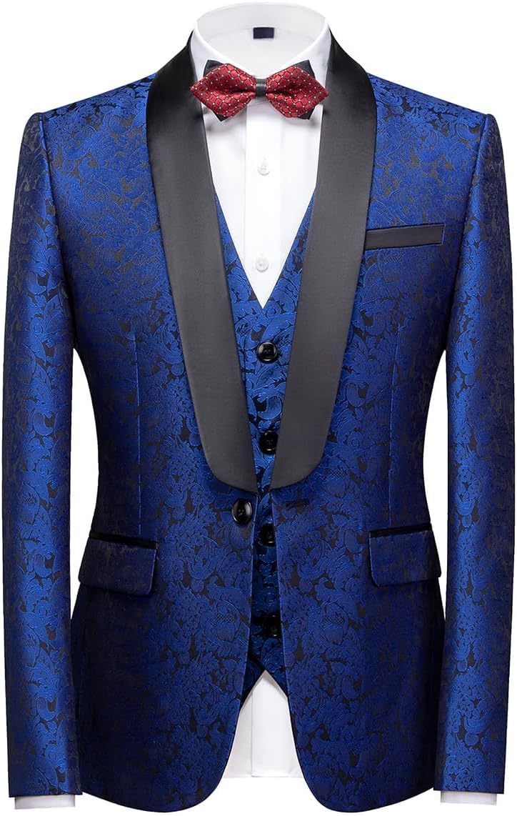 KUDORO Herren Anzüge 3-Teilig Slim Fit Paisley für Hochzeit Party Eine Knöpfe Jacquard Smoking Herre