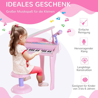 HOMCOM Kinder Klavier Mini-Klavier Piano Keyboard Musikinstrument MP3 USB inkl. Hocker 37 Tasten Ros