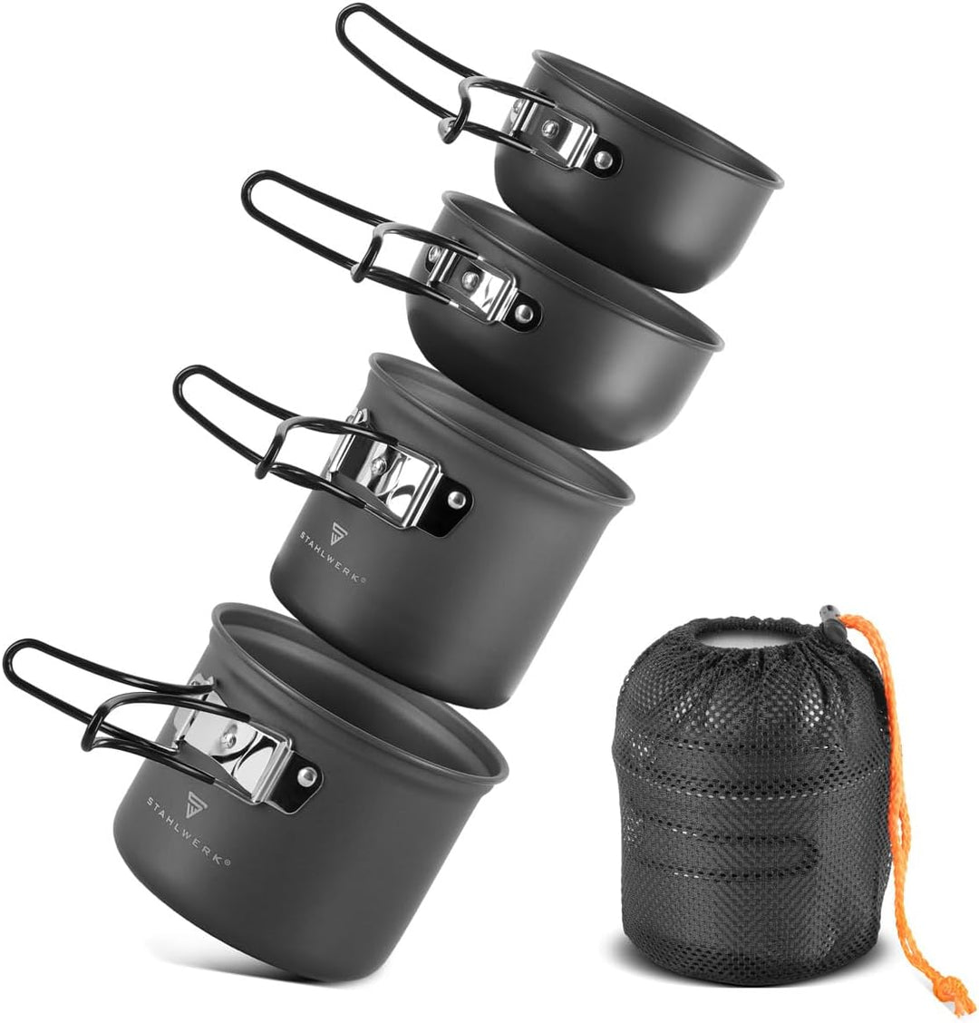 STAHLWERK Camping Kochtopf-Set 4-teilig aus Aluminium, Outdoor Kochgeschirr mit Antihaftbeschichtung