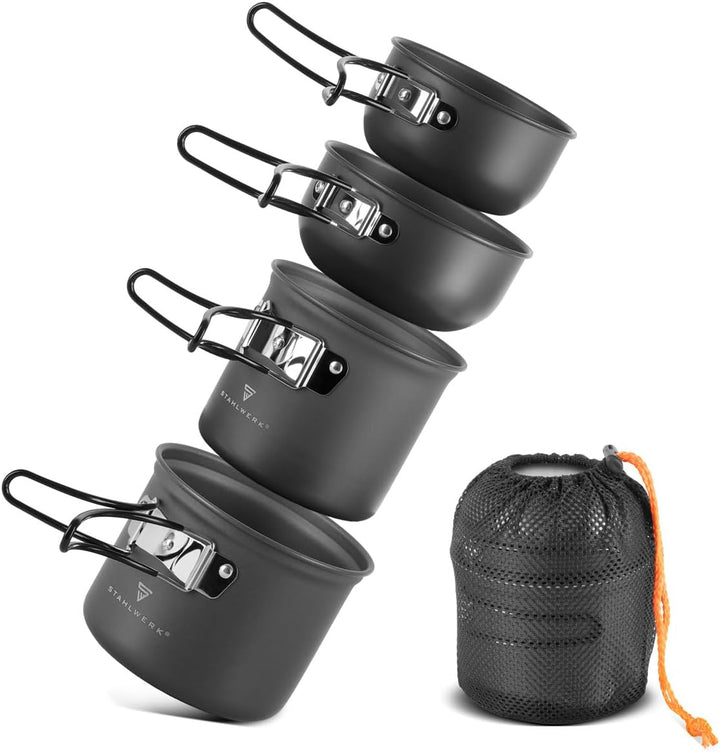 STAHLWERK Camping Kochtopf-Set 4-teilig aus Aluminium, Outdoor Kochgeschirr mit Antihaftbeschichtung