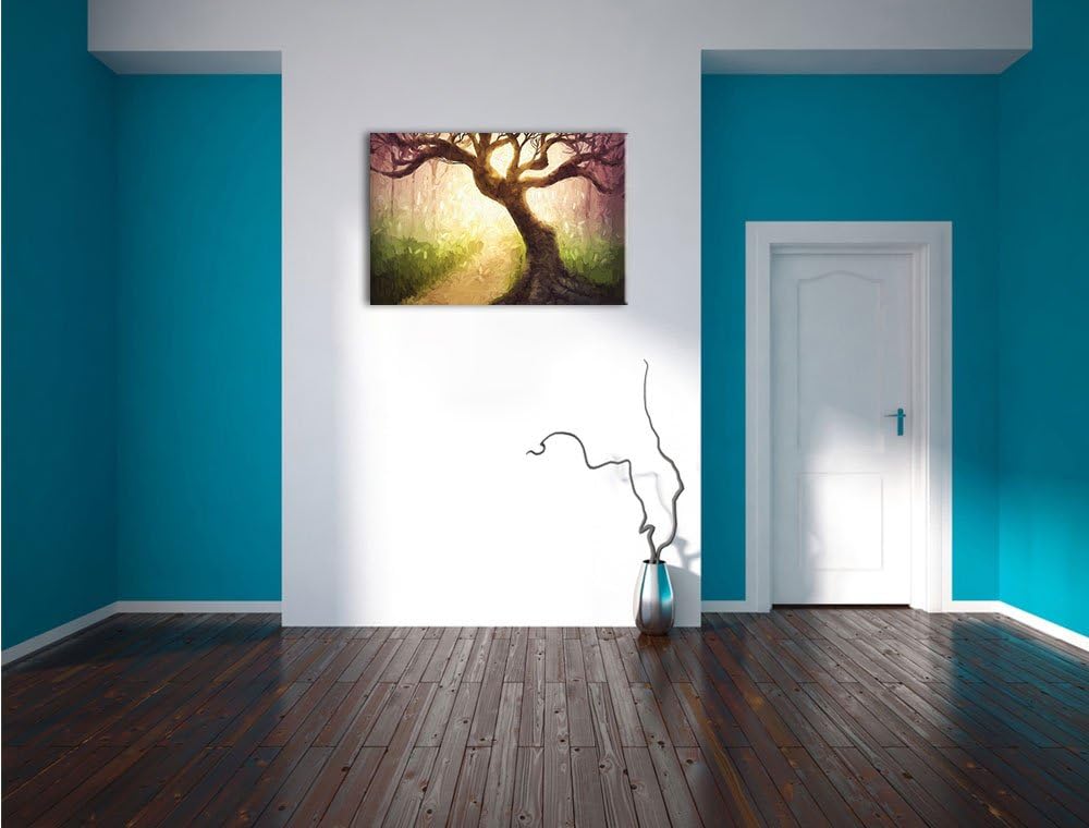 Pixxprint Riesiger Baum am Waldweg Pinsel Effekt, Format: 100x70 auf Leinwand, 100x70