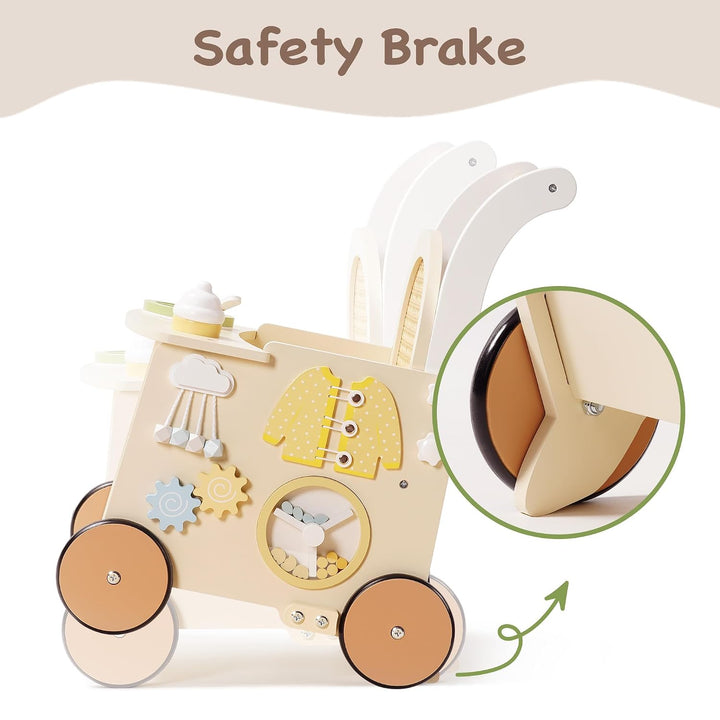 ROBUD Holz lauflernhilfe Baby Walker, 2-In-1 Puppe Lauflernwagen mit Montessori Busy Activity Board