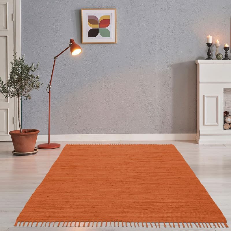 Theko | Dhurry Teppich aus 100% Baumwolle Flachgewebe Teppich Happy Cotton | handgewebt | Farbe: Ter