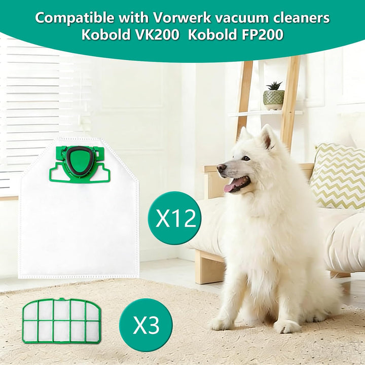 12 Stück Staubsaugerbeutel und 3 Fliter für Vorwerk VK200 FP200 Staubsaugerbeutel vk 200