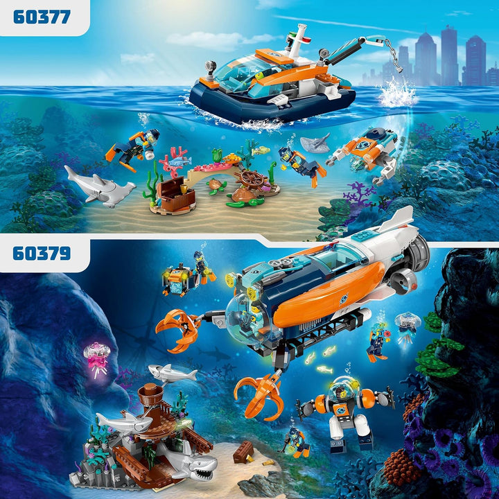 LEGO 60377 City Meeresforscher-Boot Spielzeug, Set enthält EIN Korallenriff, EIN U-Boot, 3 Minifigur