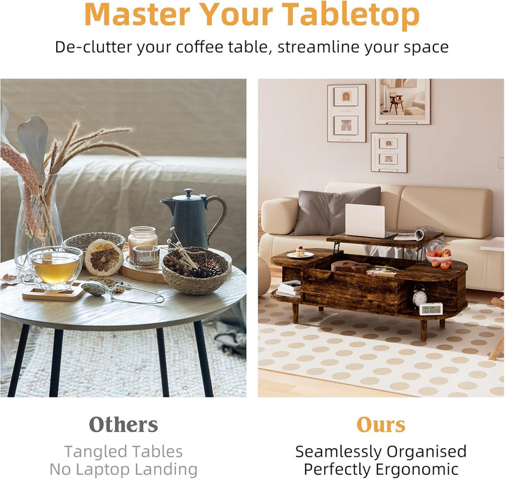 Couchtisch mit Hebeplatte – Moderner Holztisch mit Einzigartiger Textur & Verstecktem Stauraum, Kaff