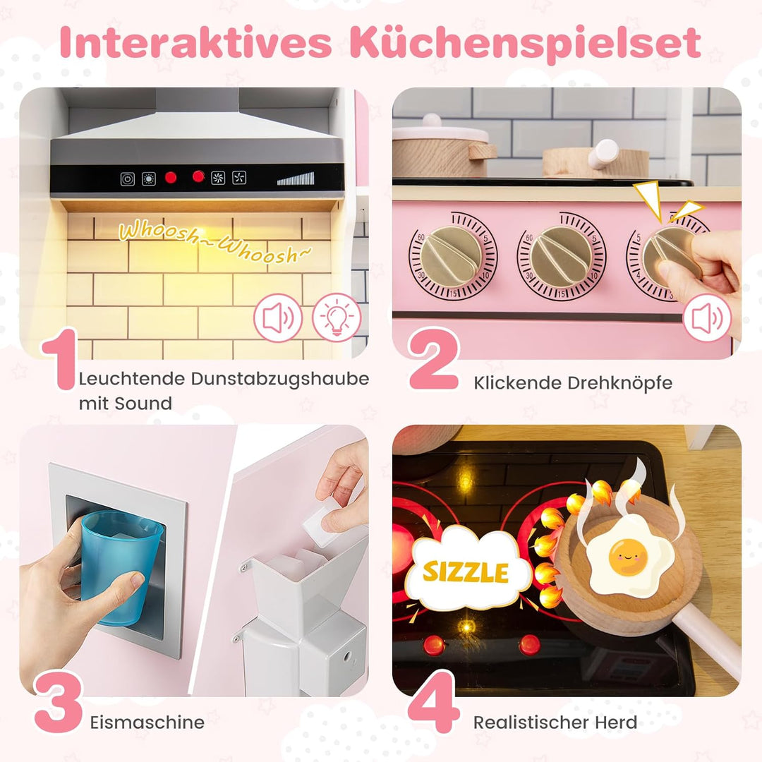 DREAMADE Kinderküche Holz mit 10 TLG. Zubehör, Holzküche Kinder Küche mit Herd Dunstabzugshaube Eism